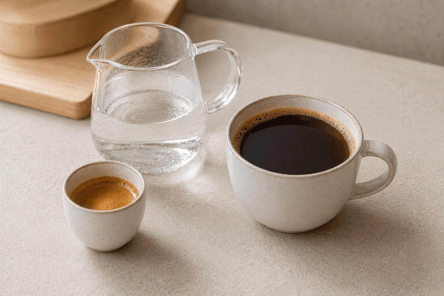 Эспрессо, вода и готовый американо на столе