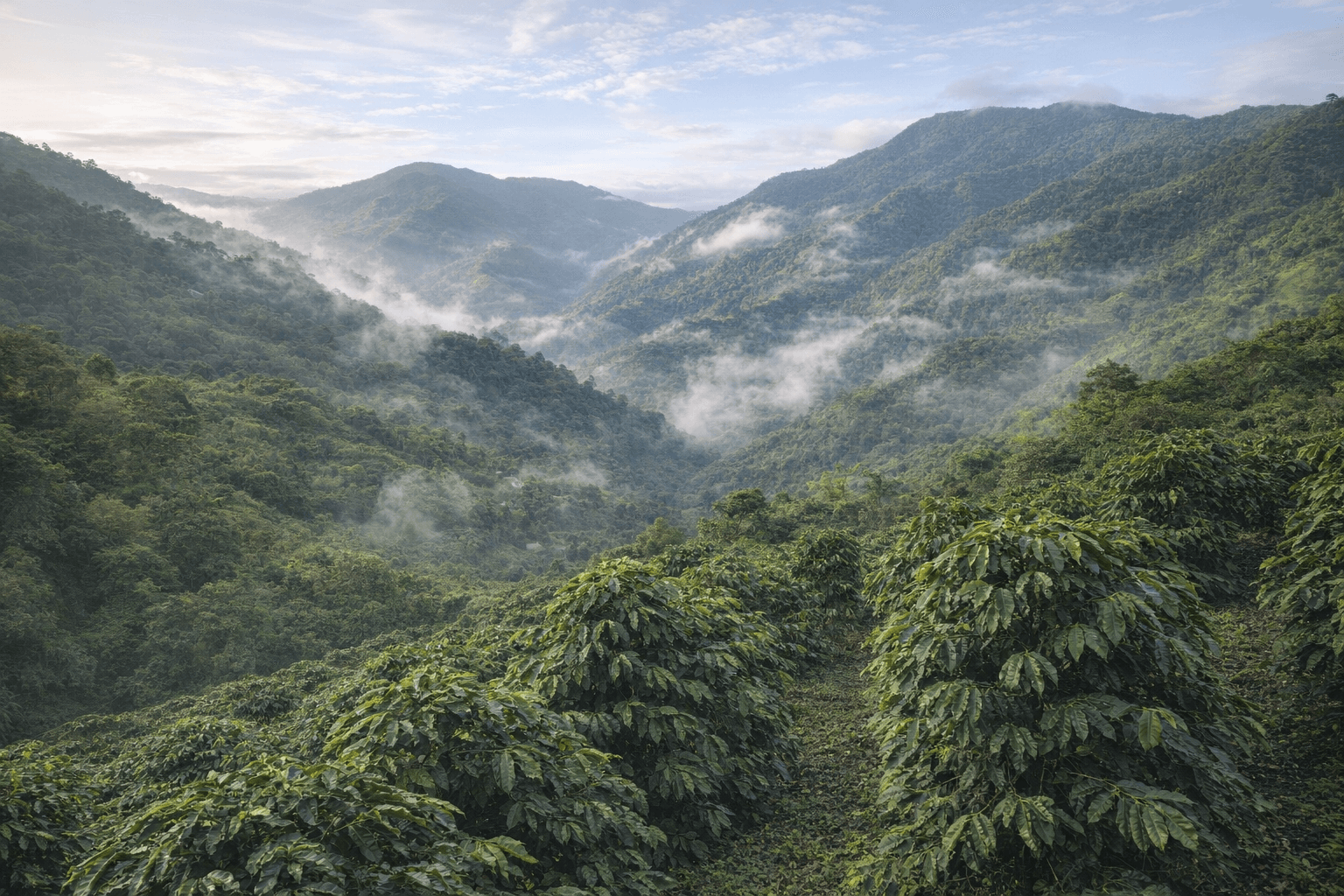 Фотореалистичный пейзаж кофейных склонов Jamaica Blue Mountain