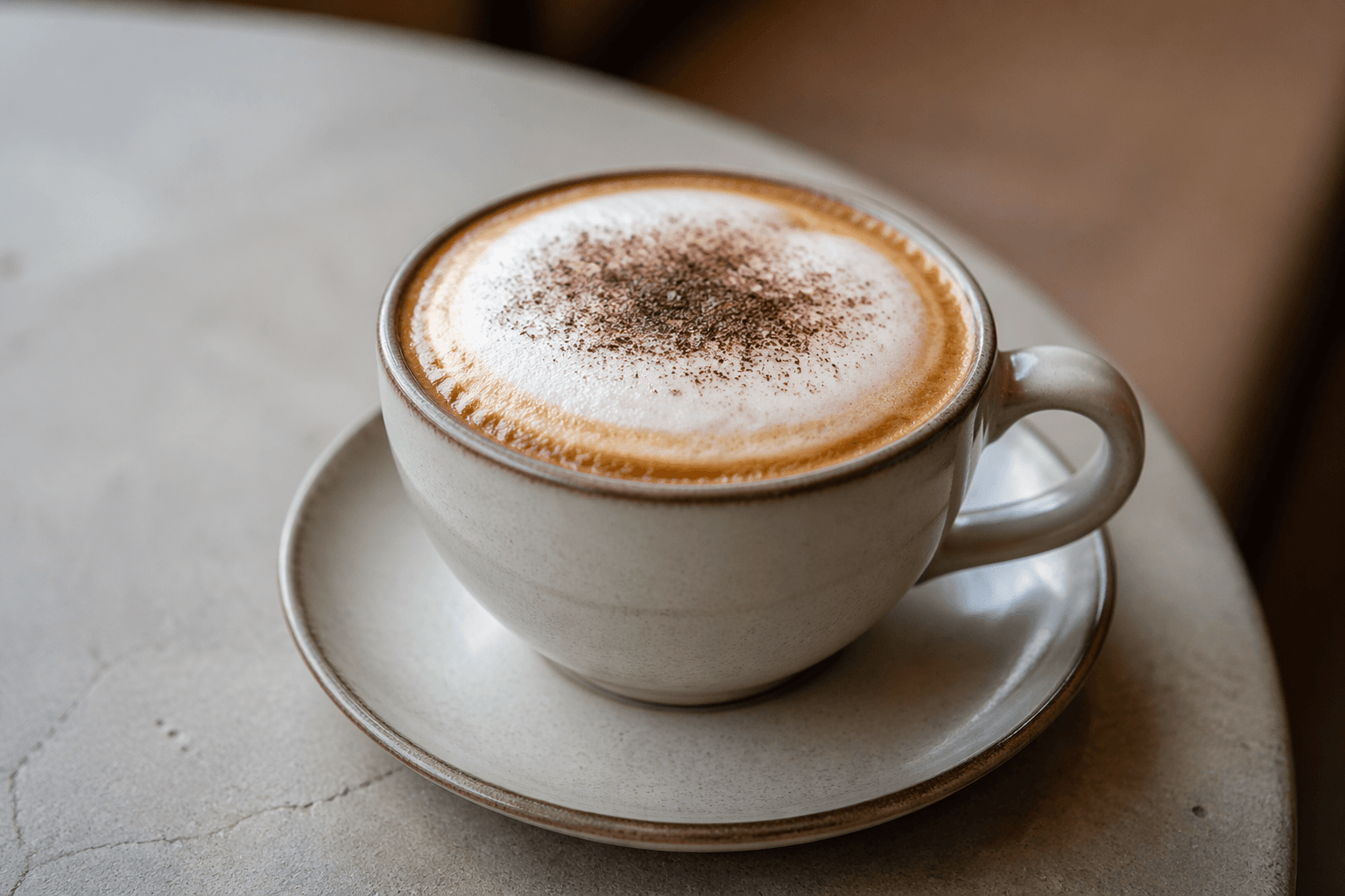 Капучино в керамической чашке с плотной молочной пеной