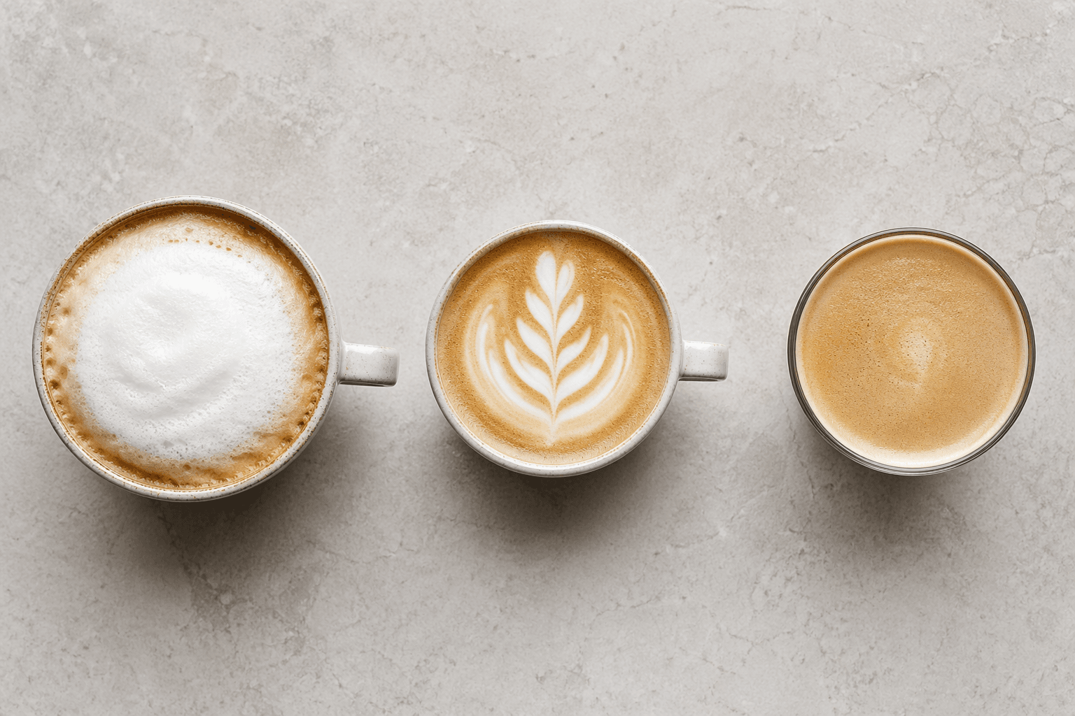 Сравнение капучино, флэт уайта и латте сверху на светлой поверхности