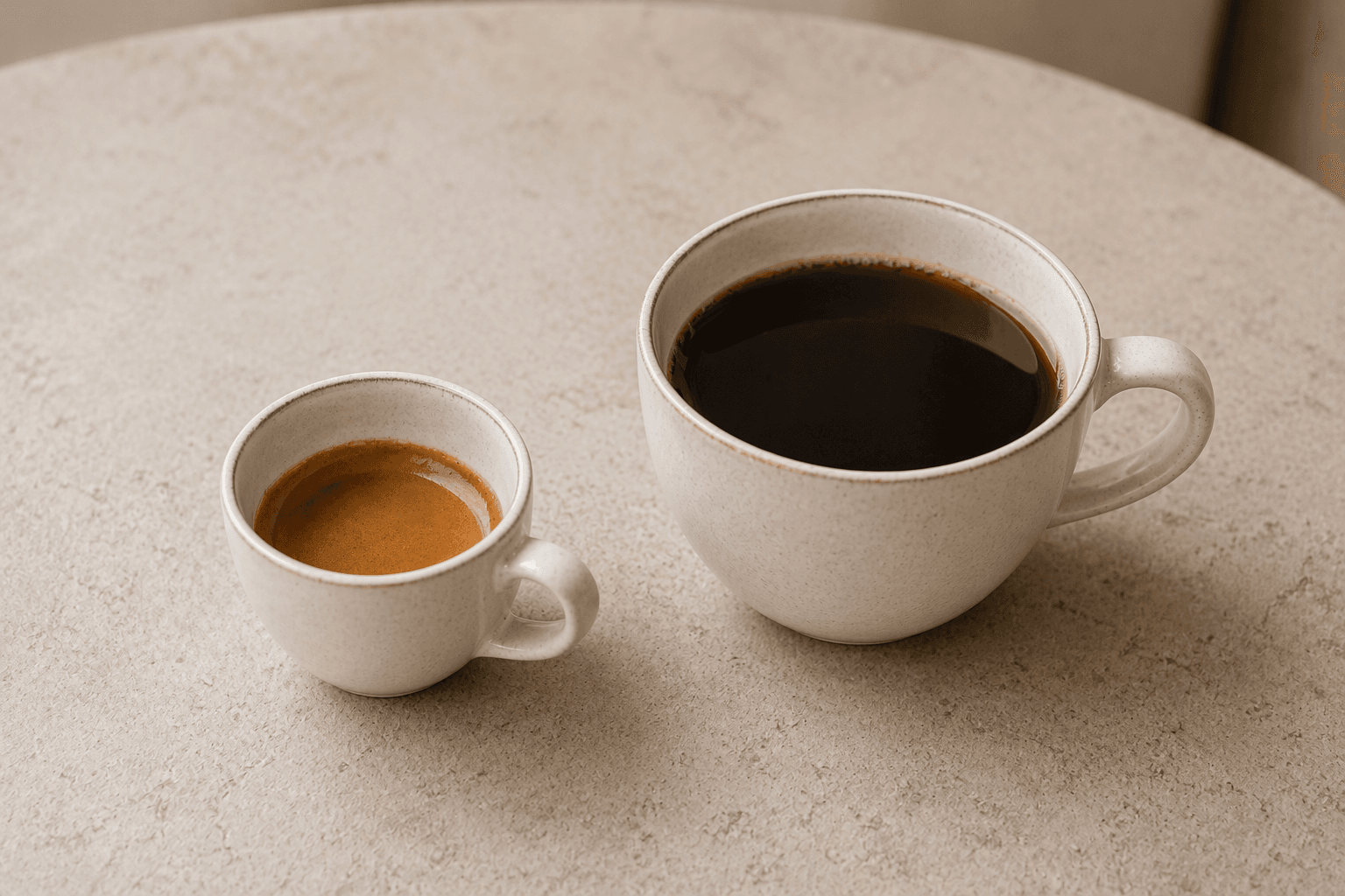 Эспрессо и американо рядом на светлой поверхности для сравнения объёма