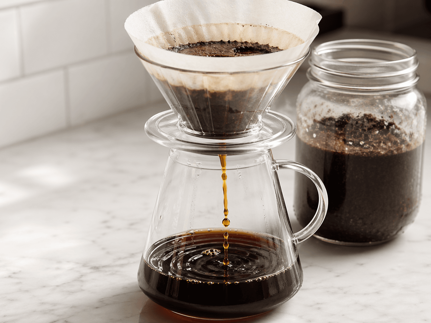 Фильтрация домашнего колд брю через бумажный фильтр в стеклянный графин