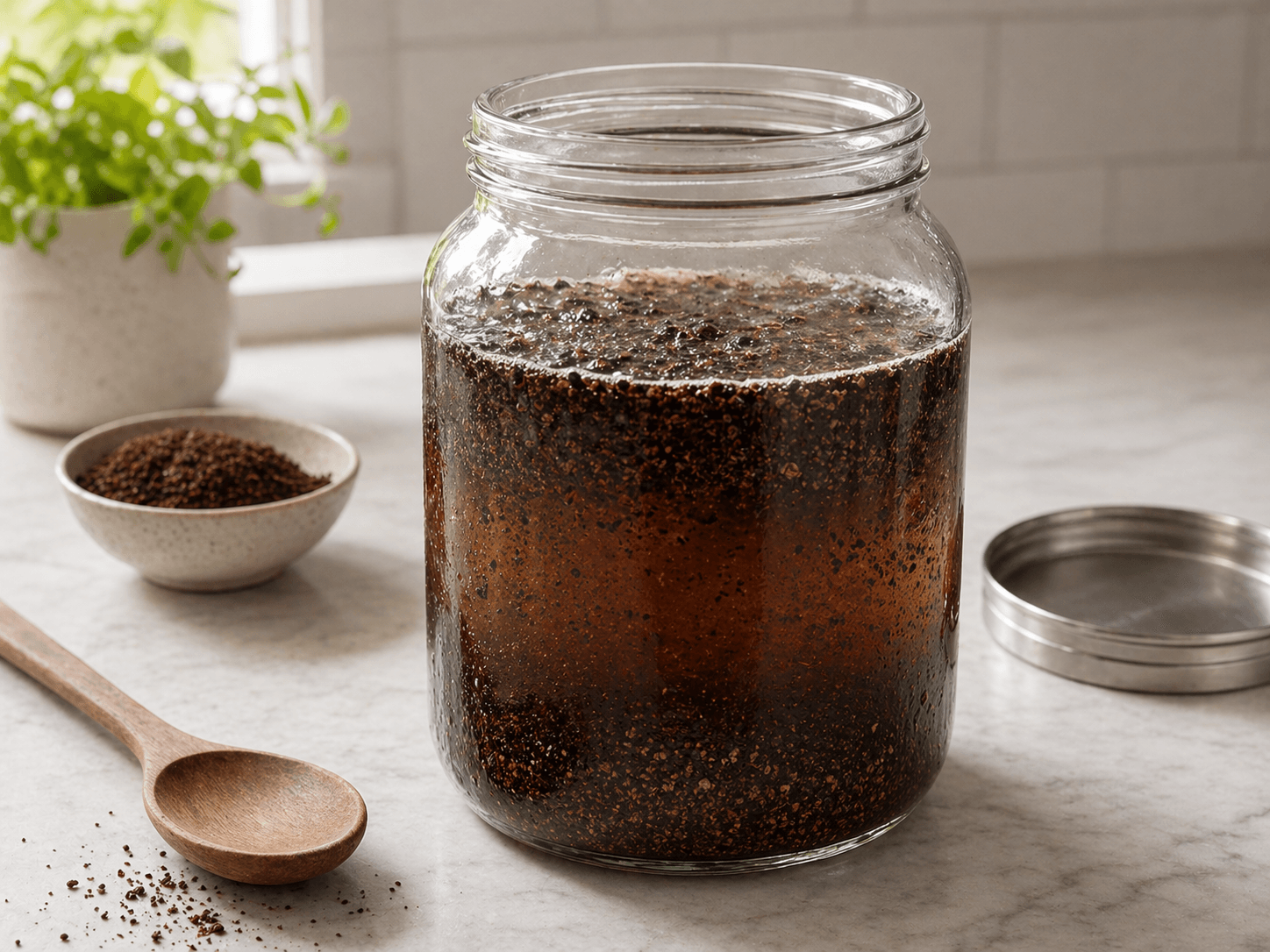 Иммерсионное заваривание колд брю: молотый кофе настаивается в воде в стеклянной банке