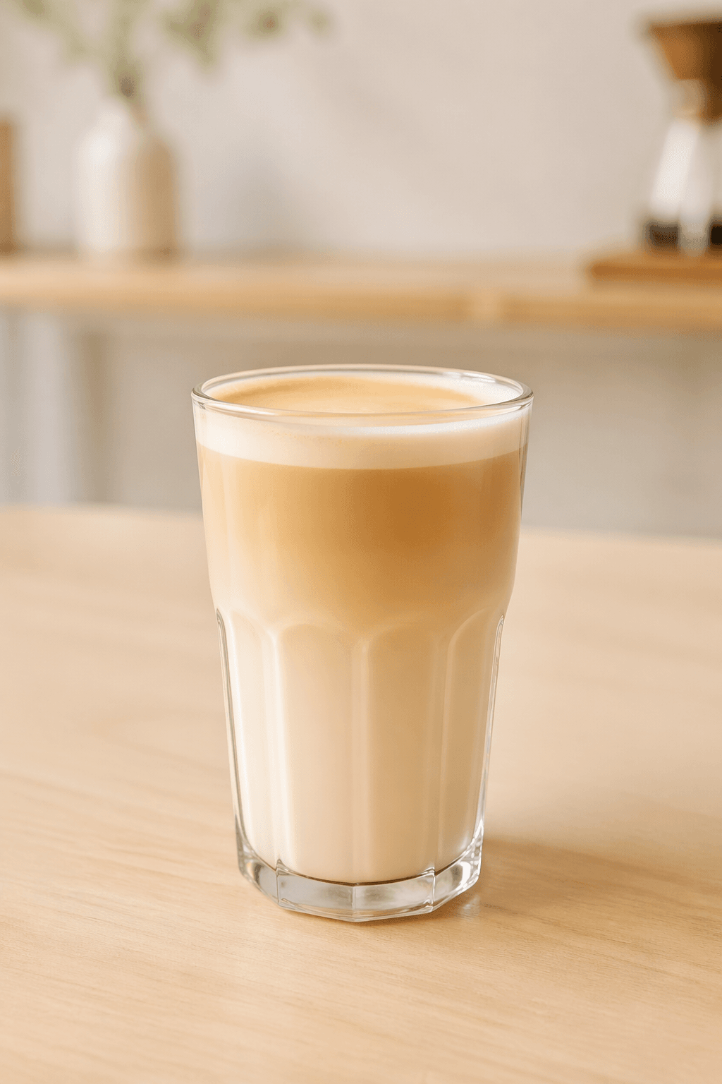 Латте в высоком стеклянном стакане с тонким слоем молочной пены
