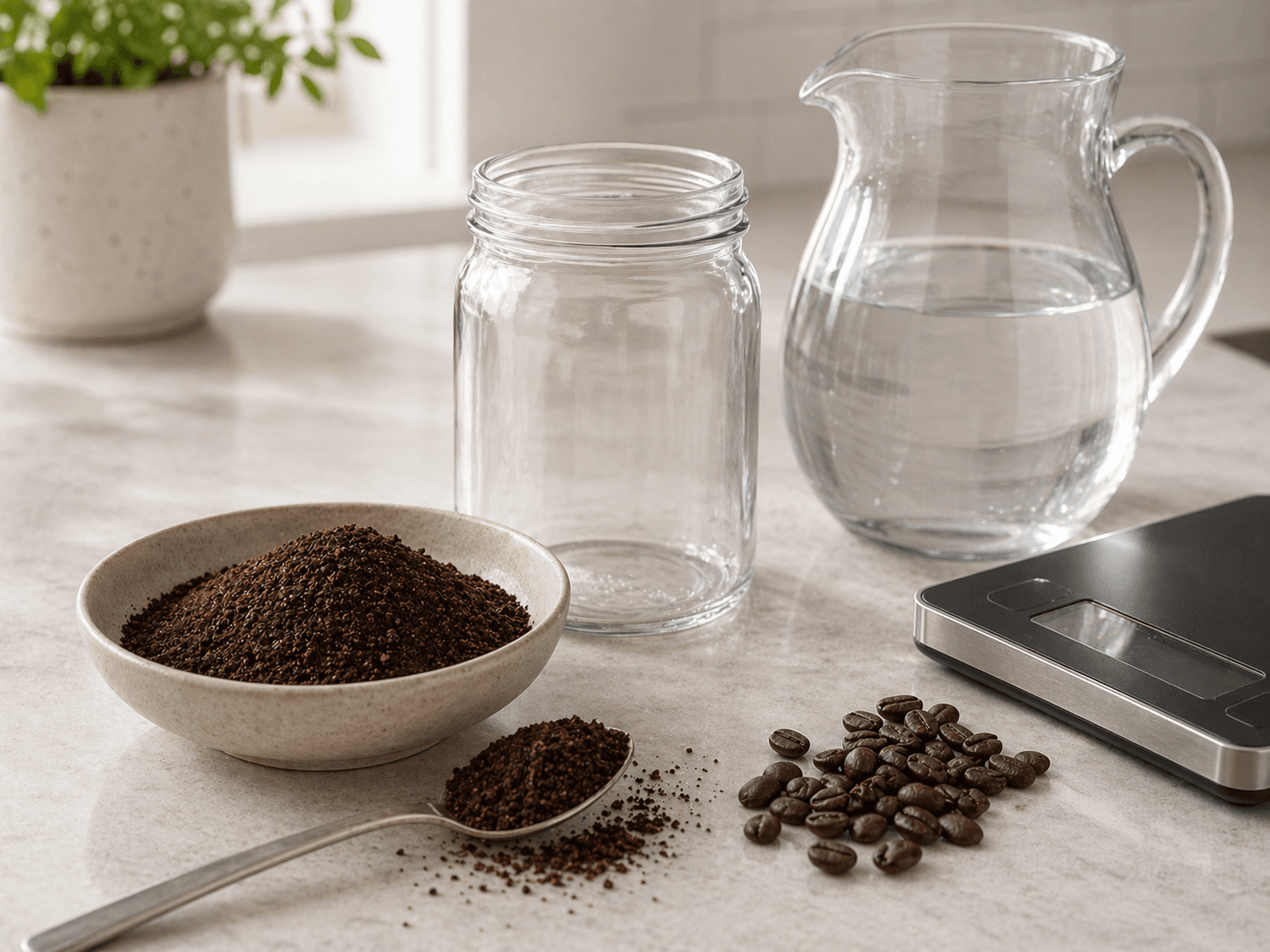 Ингредиенты для колд брю с молотым кофе, зёрнами, водой, банкой и весами