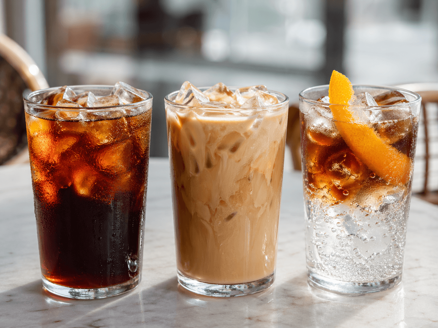 Три варианта подачи колд брю: со льдом, с молоком и с тоником