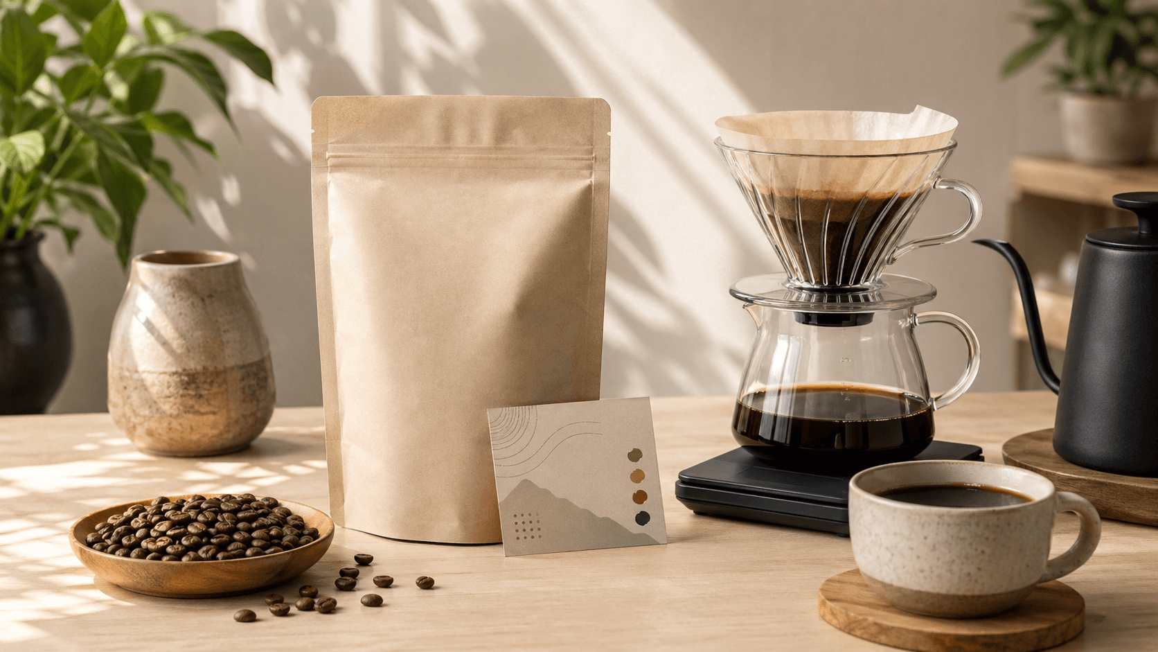 Пачка specialty coffee, V60, зерно и чашка как образ выбора кофе сегодня